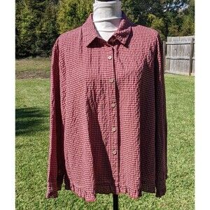 Red Check Linen Cotton Button-Up Ruffle Cottagecore Shirt 2XL